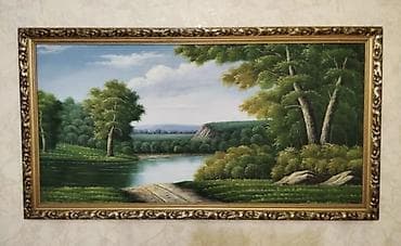 Yağlı boya landşaft rəsm əsəri - Mövzu: sakit göl kənarı mənzərə – ön