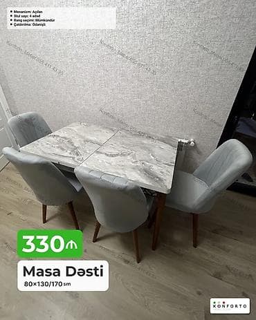 perla stul: Məhsul: Masa Dəsti • Ölçü: 80 × 130/170 sm (açılan mexanizm – masa — 1