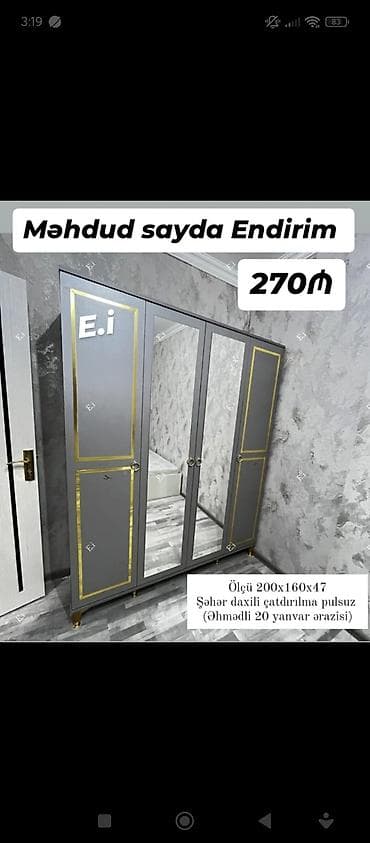 Mebel: Yeni, 4 qapılı, Güzgülü, Digər rəng, Taxta, Açılan, Düz dolab — 3