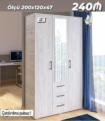 Yeni, 3 qapılı, Güzgülü, Ağ, Taxta, Açılan, Düz dolab