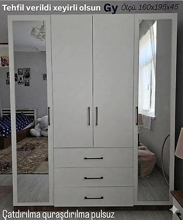 paltar dolab: Ağ rəngdə 3 qapılı, 3 çekmecəli dolab. Yanlarda tam ölçülü güzgülü — 1