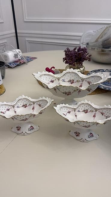 meyve qabı: 3 ədəd dekorativ porselen meyvə/şirniyyat qabı dəsti - Material — 1