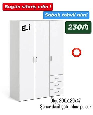 Yeni, 3 qapılı, Siyirməli, Ağ, Taxta, Açılan, Düz dolab