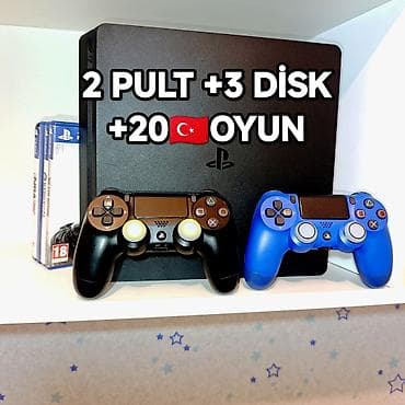 1001 oyun: Şəkildəki PS4 slim 500gb plombu üzərində 2 pult +3disk +türk hesabı — 1
