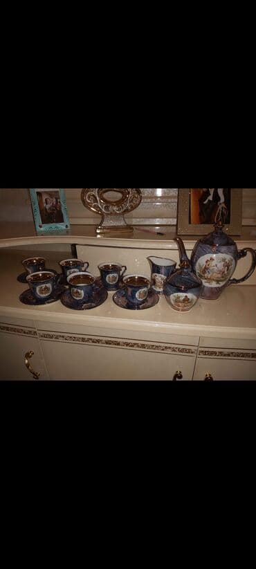 xurusdal qablar: Çay dəsti, rəng - Göy, Farfor, 6 nəfərlik, Polşa — 1