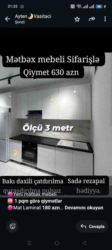 2020 metbex mebelleri: 🟣Yeni mətbəx mebeli 🆘 *1 pqm görə qiymətlər* 🟣Mat Laminat *180 azn* — 1