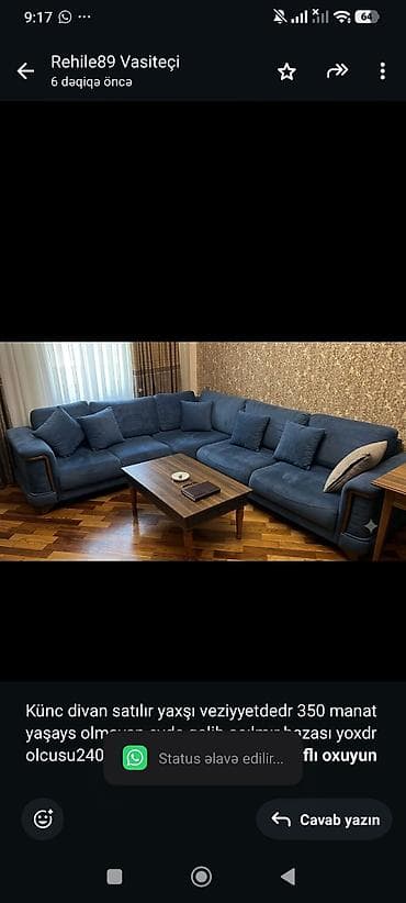 Künc divan satılır yaxşı veziyyetdedr 350 manat yaşays olmayan evde