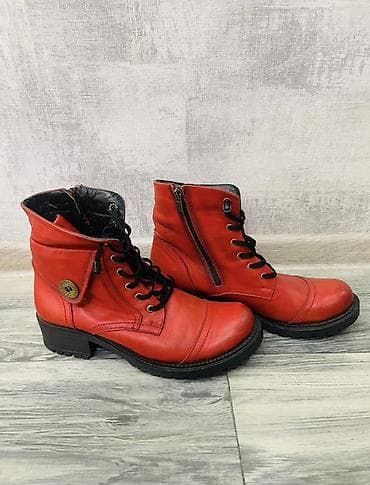 Qırmızı dəri şnurlu botlar - Material: yumşaq dəri üst hissə, möhkəm