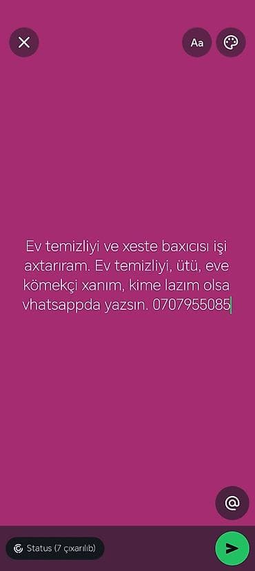 bag evinde is axtariram: Xidmət: Ev təmizliyi və xəstə baxıcılığı - Gündəlik və ümumi ev — 1