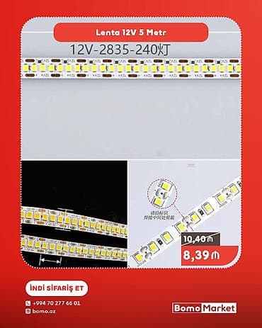 LED lentə – 12V, 5 metr - Model: 2835 LED, 240 LED/m (yüksək sıxlıq) -