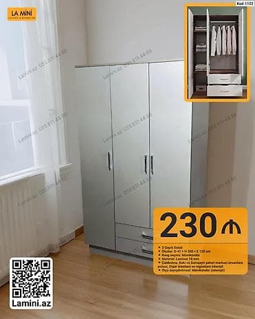 3 qapılı dolab – Kod: 1102 Xüsusiyyətlər: - Ölçülər: D 47 × H 200 × E — 1