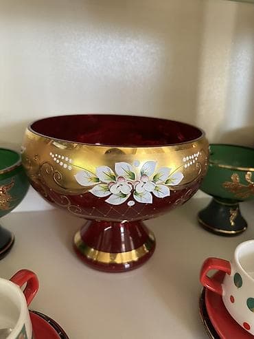 Qızılı naxışlı şüşə vaz/kompot qabı - Material: qalın şüşə - Rəng