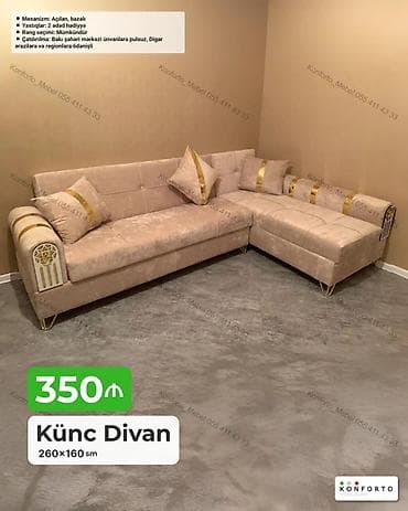 Диваны: Künc divan – 260×160 sm - Mexanizm: açılan, bazalı (yataq funksiyalı — 1