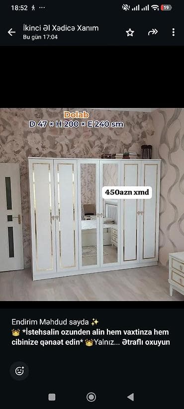 tibbi ref: Dolab – 6 qapılı, güzgülü model Ölçülər: Dərinlik 47 sm × Hündürlük — 3