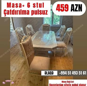 Masalar: Qonaq otağı üçün, Yeni, Açılmayan, Dördbucaq masa, 6 stul — 1