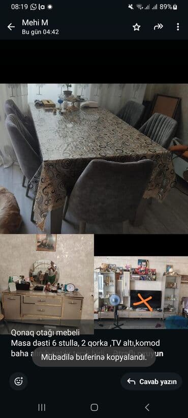 200 lə başlayan nömrələr: Qonaq otağı mebeli Masa dəsti 6 stulla, 2 qorkaTV altı,komod baha — 1