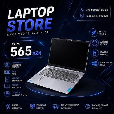 Техника и электроника: 💻 Lenovo IdeaPad Slim 3 15IAN8 – 565 AZN ✅ Intel N100 (4 nüvə) ✅ RAM — 1