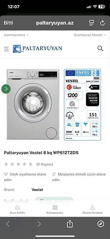 Məişət texnikası: Paltaryuyan maşın Vestel, 6 kq, Yeni, Avtomat, Qurutmasız, Ünvandan götürmə — 2