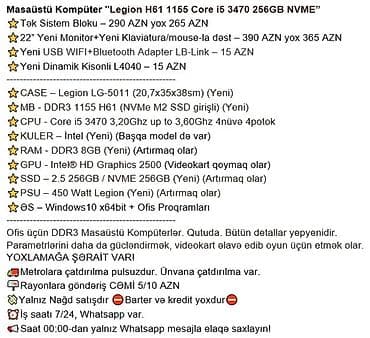 irsad playstation 4: Masaüstü Kompüter "Legion H61 1155 Core i5 3470 256GB NVME” ⭐Tək — 3