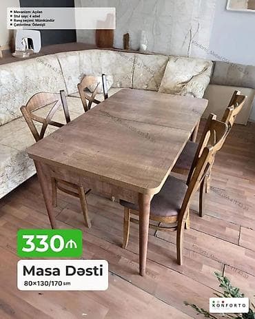stol ustul: Masa dəsti – açılan mexanizmli, 4 stullu. - Ölçü: 80×130/170 sm (masa — 1