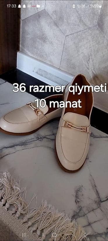 Məhsullar: 1) Qadın loaferləri - Rəng: krem - Dekor: qızılı metaldan — 1
