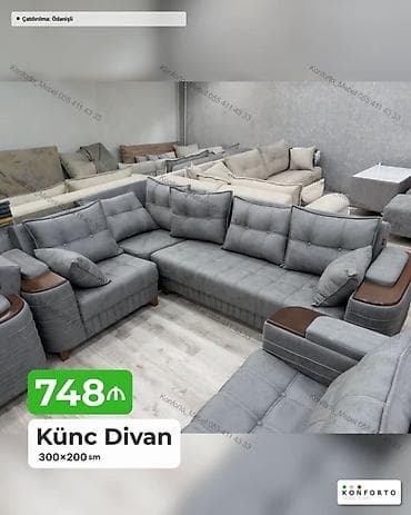 krep parca: Künc Divan – 300×200 sm - Rəng: boz (müasir neytral ton) - Forması: L — 1
