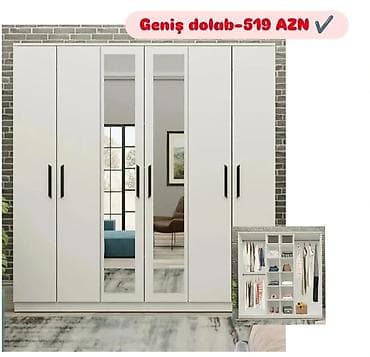 Yeni, 6 qapı, Güzgülü, Ağ, Digər material, Açılan, Düz dolab