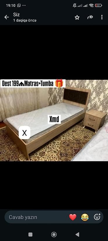 Yataq dəsti – çarpayı + döşək + tumba - Tərkib: tək nəfərlik çarpayı