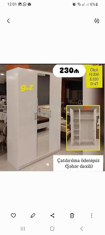 perla dolab: Ağ rəngdə 3 qapılı şkaf - Ölçü: H:200 sm, E:120 sm, D:47 sm - Ortada — 1