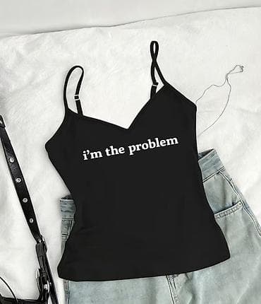 topdan geyim: Qara yazılı krop top – “i’m the problem” çaplı - Stil: Minimal və — 1