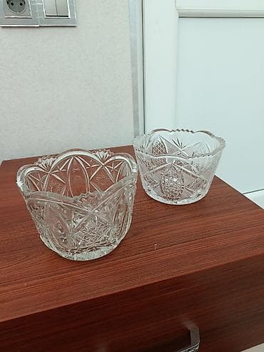 resim seti: Vintage xrustal qablar — 2 ədəd - SSRİ dövrünə aid, əl işi oyma — 3