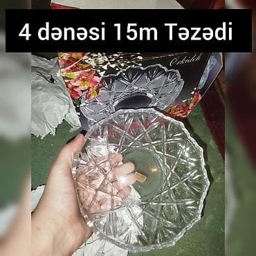 kvars qum: Şüşə desert/qab dəsti - 4 ədəd şüşə boşqab (kristal naxışlı dizayn) - — 1