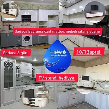 Sifarişlə mətbəx dəsti, Özü çəkən petlələr, MDF, Kredit yoxdur, Rayonlara çatdırılma, Pulsuz çatdırılma