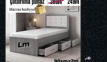 tek matras: Tək nəfərlik çarpayı – 90 sm x 2 m ölçü - Rəng: açıq boz taxta — 1