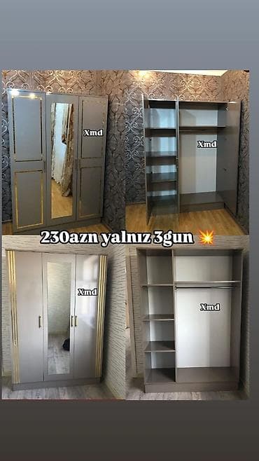 Yeni, 3 qapılı, Güzgülü, Boz, Digər material, Açılan, Düz dolab