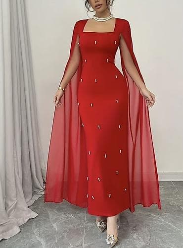 Qırmızı qolsuz-kaftan detallı ziyafət donu - Rəng: parlaq qırmızı -