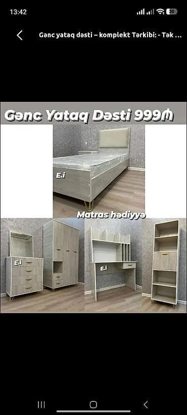 kitab refi: Gənc yataq dəsti – komplekt Tərkibi: - Tək nəfərlik çarpayı (yumşaq — 1