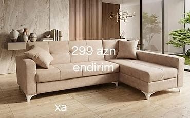 Modern yumşaq L‑şəkilli künc divan - Rəng: açıq bej - Dizayn: sağ