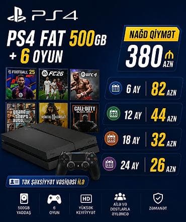 Elektronika: PS4 FAT 500GB + 6 oyun paketi Xüsusiyyətlər: - 500GB yaddaş - 1 ədəd — 1