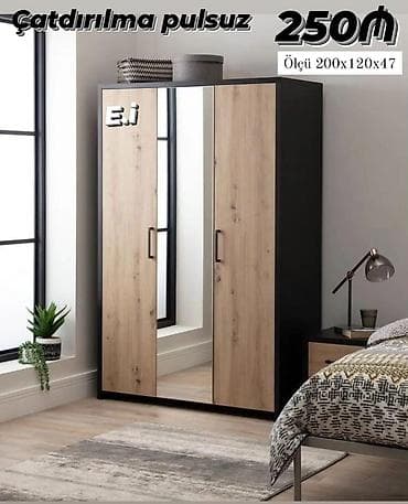 tek çarpayi: Yeni, 3 qapılı, Güzgülü, Qara, Digər material, Açılan, Düz dolab — 1