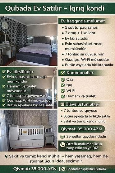 qax evler: Qubada, Iqriq kəndində həyət evi - Torpaq sahəsi: 5 sot - Plan: 2 — 1