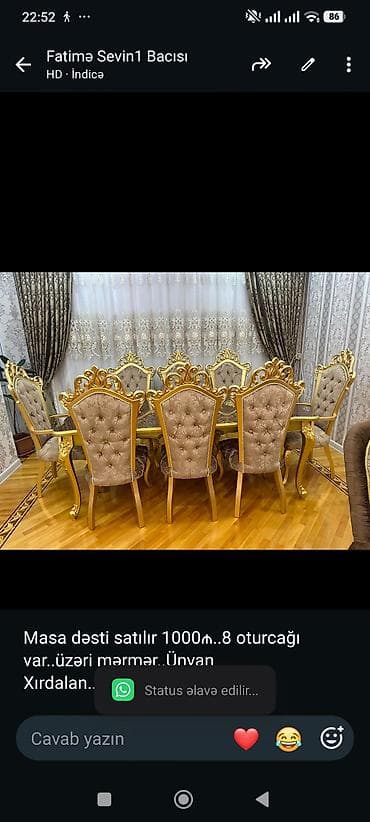 Masa dəsti satılır 1000₼. 8 oturcağı var. üzəri mərmər. Ünvan — 1