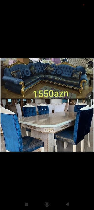 reception masa: Klassik üslubda mebel dəsti - Künc divan: Kral mavisi məxmər/parça — 1