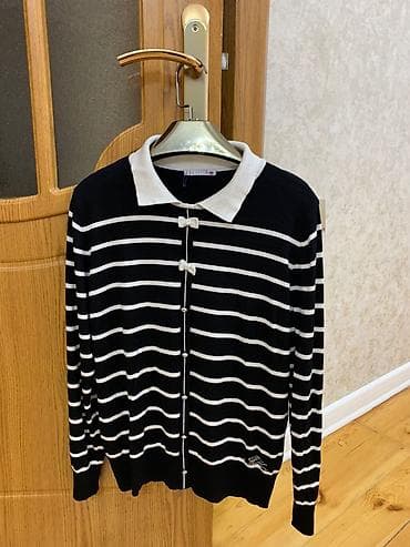 deri jaket: FELICITA qadın kardiqanı - Rəng: qara-ağ, üfüqi zolaqlı - Model — 1