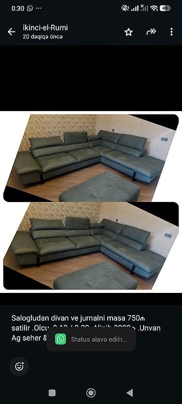 Salogludan divan ve jurnalni masa 750₼ satilir .Olcu 3.10 / 2.20 — 1
