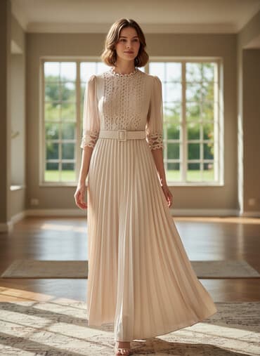 ziyafət paltar: Zərif dizaynlı qadın donu - Rəng: açıq bej/şampan tonları - Model — 1