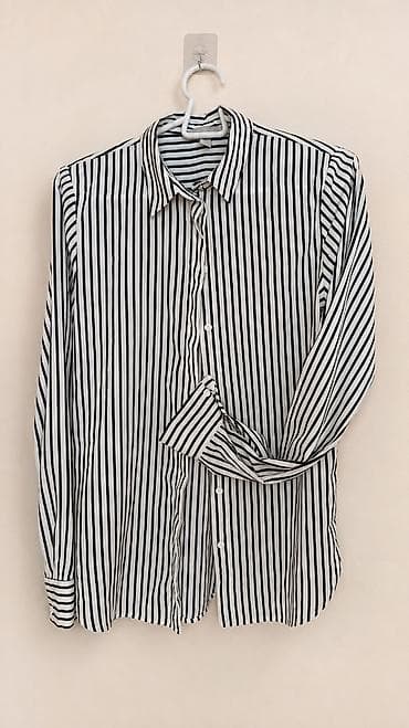 H&M qara-ağ şaquli zolaqlı, uzunqollu köynək. Klassik yaxalıq — 1