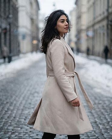 yara parfum: Qadınlar üçün krem rəngli qış palto - Model: dizə yaxın uzunluq - — 4