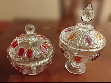 dekor qablar: Şirniyyat qabları dəsti – kəsimli şüşə, rəngli dekorlu - 2 ədəd — 5