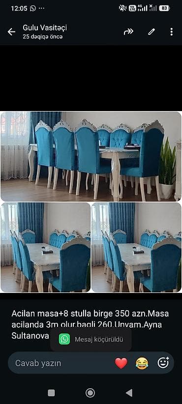 gull: Acilan masa+8 stulla birge 350 azn.Masa acilanda 3m olur.bagli — 1